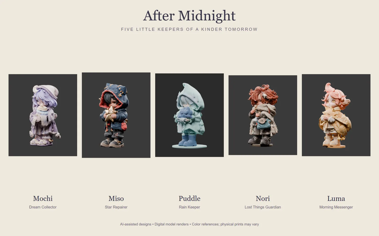 Current After Midnight digital model collection showing Mochi, Miso, Puddle, Nori and Luma