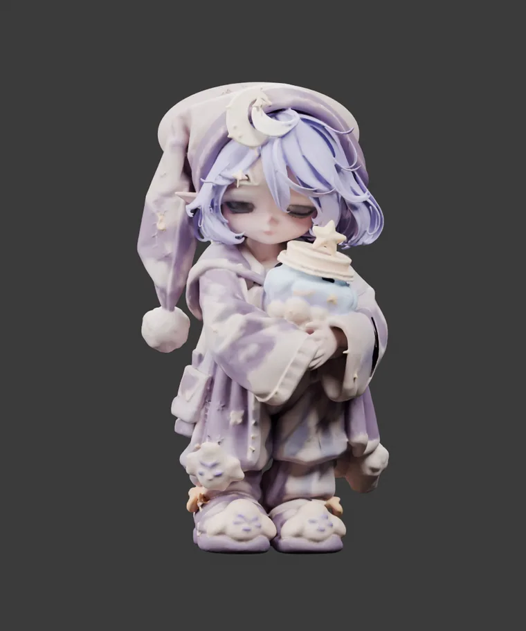 Mochi, a lavender-haired dream collector in a crescent cap holding a dream jar