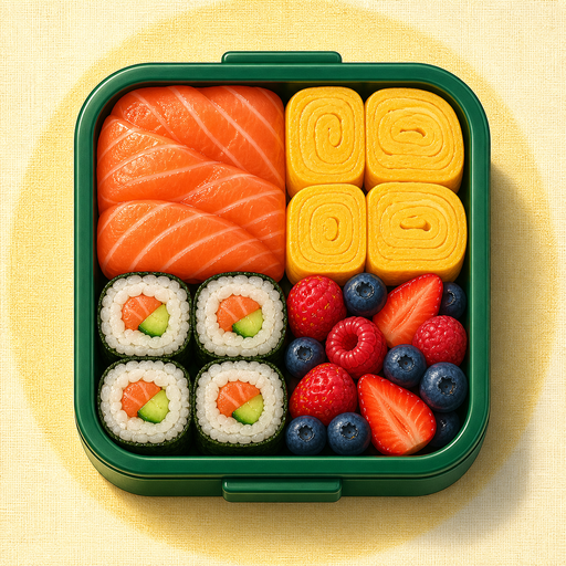 Lunchbox Fit app icon showing a green lunchbox filled with salmon, egg, sushi and berries