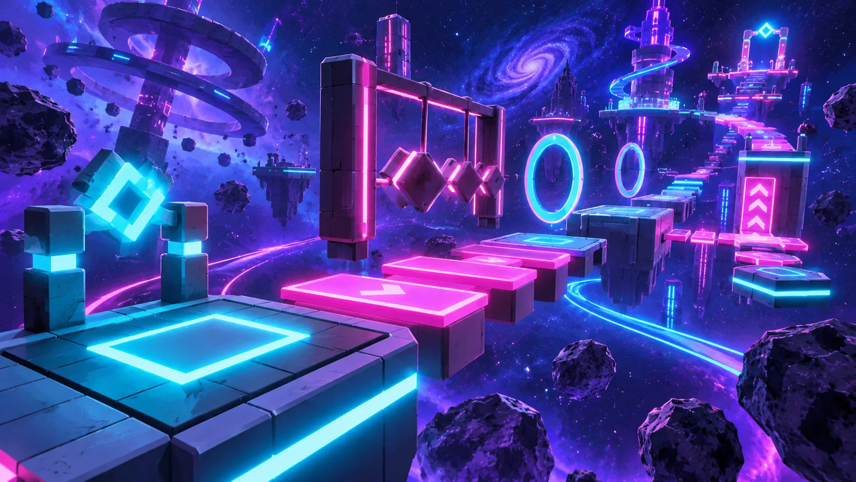 Original concept artwork of a glowing block-built obstacle course in space